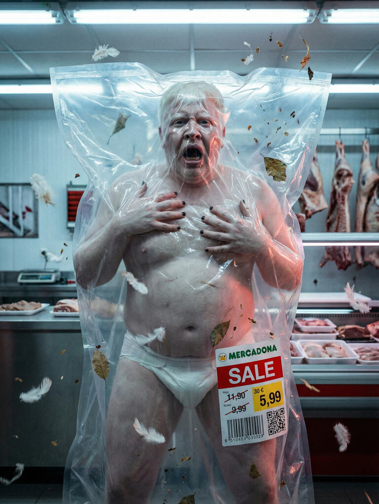 Un hombre atrapado al vacío en la carnicería de un supermercado. Cuerpo real, plástico tenso, mirada de angustia. Surrealismo fotorealista y comedia negra sobre consumo, cuerpo y mercancía.